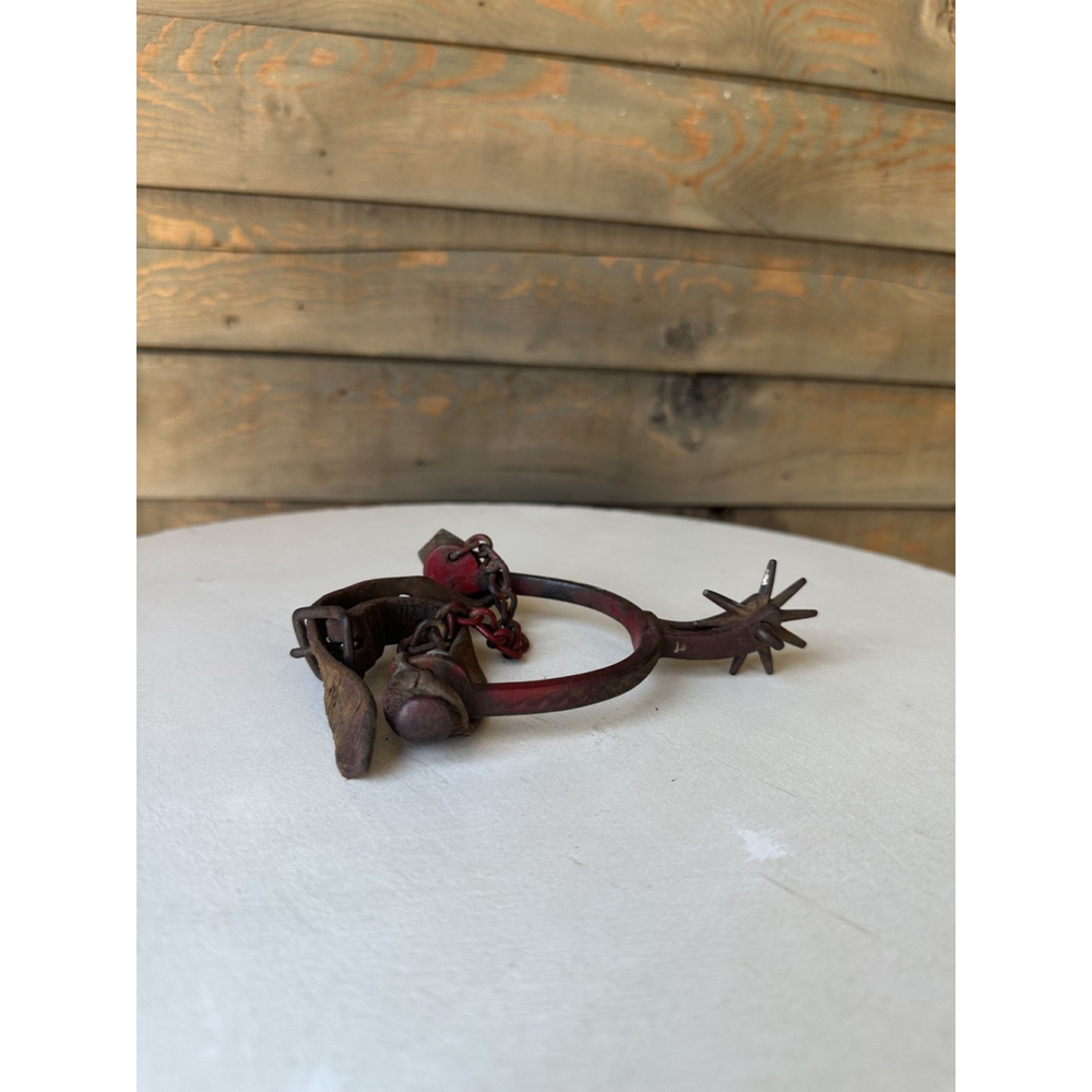 Vintage Western Cowboy Spur With Leather Strap, Rusty Red Rowled Single Spur